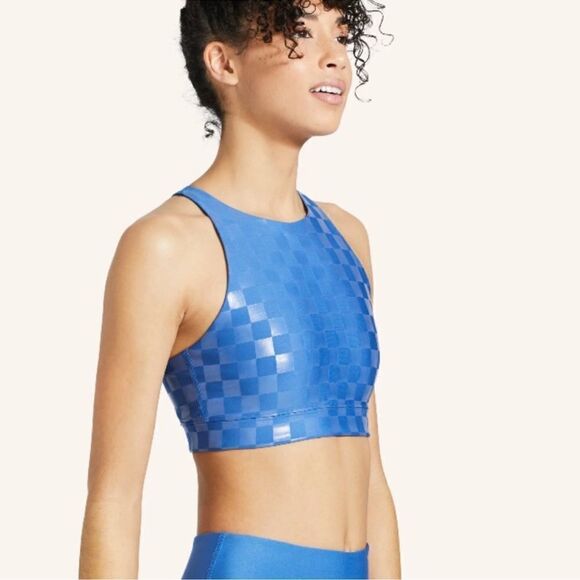 Peloton Show Up High Neck Bra Blue Shiny Checkered XL - Picture 2 of 5